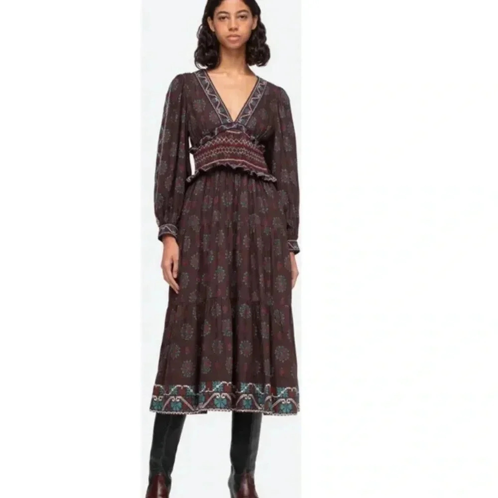 Sea New York Brown Long Sleeve V-Neck Midi Dress with Teal and Pink Trim